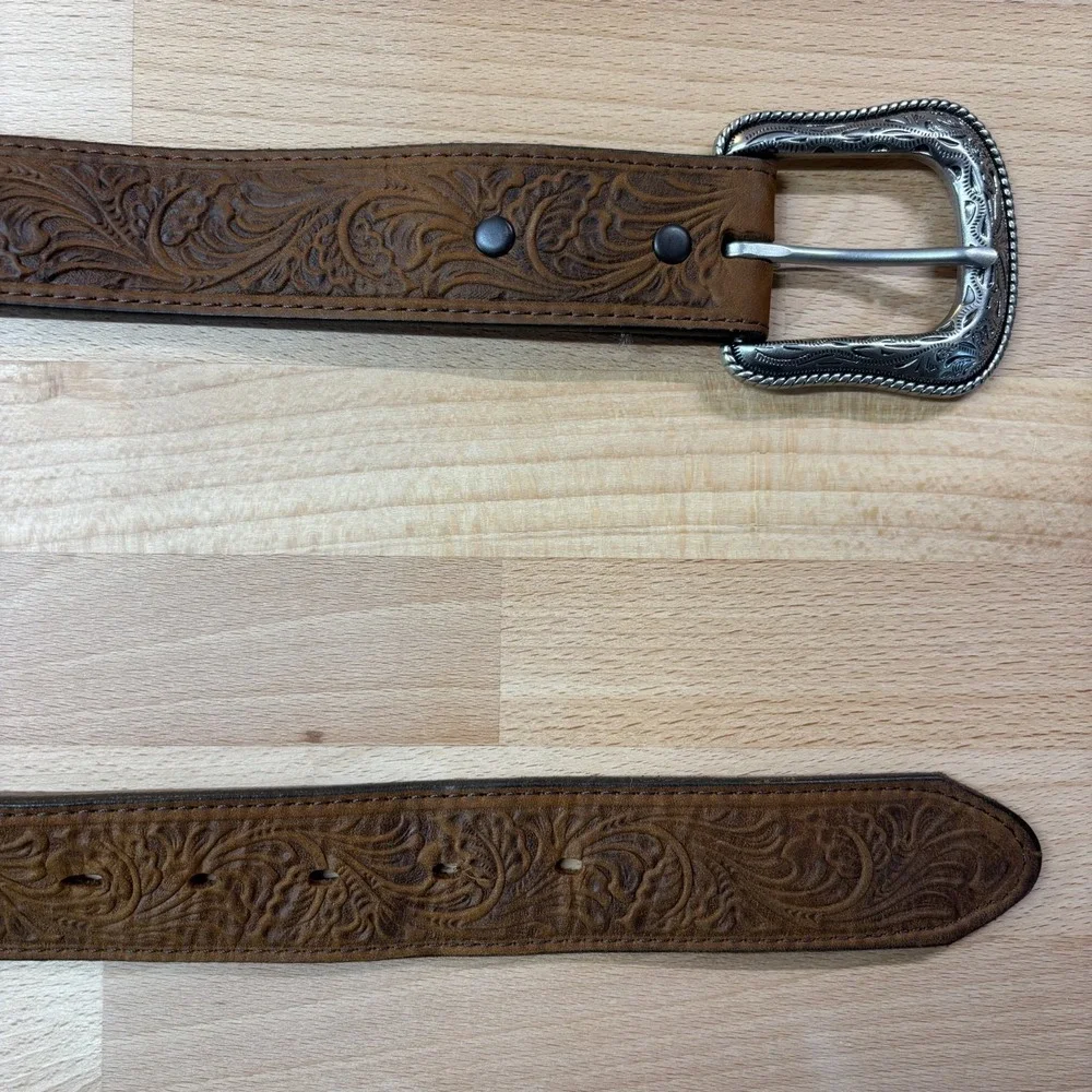 Tony Lama Leather Belt Floral Embossed Silver Buckle Size 36 Brown Western